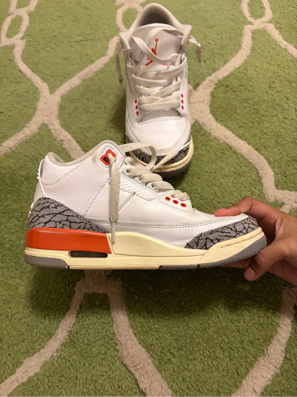 Jordan Kids White Sneakers with Orange Accents and Gray Elephant Print